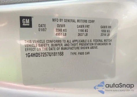 2007 Buick Lucerne Cxl из США, поврежденный, VIN 1G4HD57257U181168